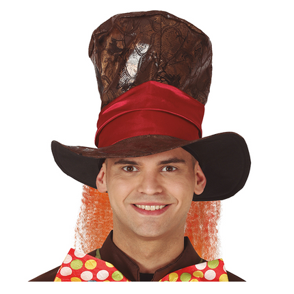 Brązowa wysoka czapka z czerwoną opaską