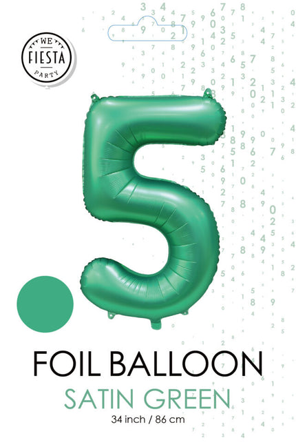Zielony balon z cyfrą 5 lat, połysk 86 cm