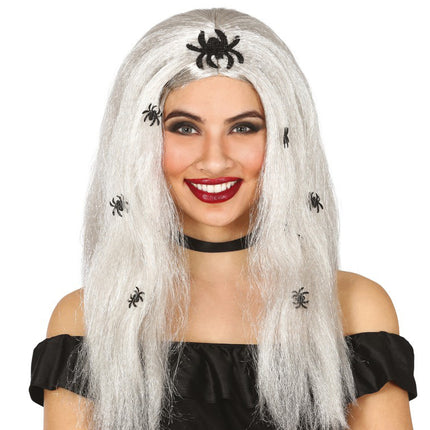 Peruka na Halloween Fałszywe Pająki Szary