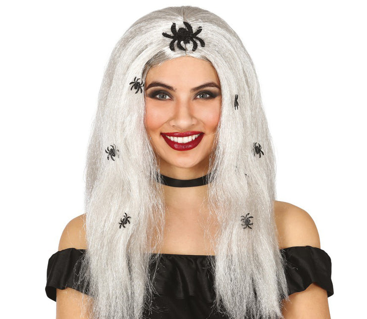 Peruka na Halloween Fałszywe Pająki Szary