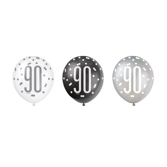 Balony 90 lat kropki czarne 30cm 6szt