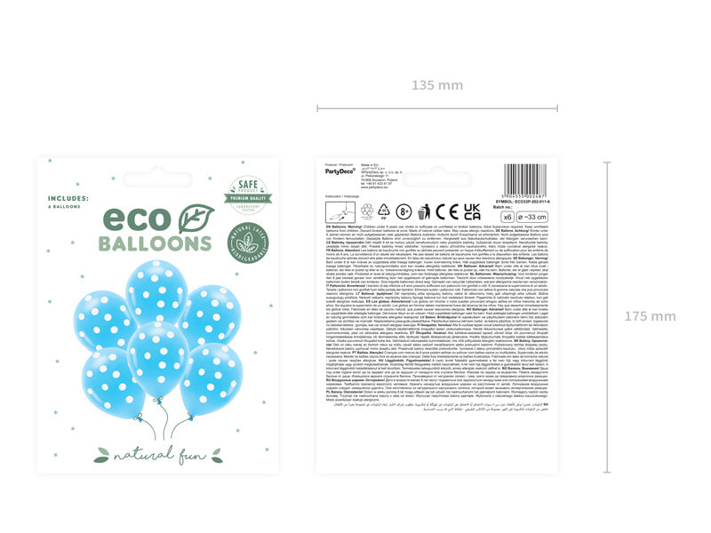 Balony jasnoniebieskie białe kropki 33cm 6szt