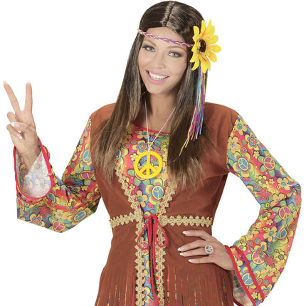 Peruka Hippie 60S brązowa z opaską w słoneczniki