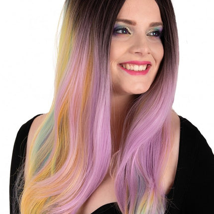 Peruka Selena długa z lokami Pastel Rainbow