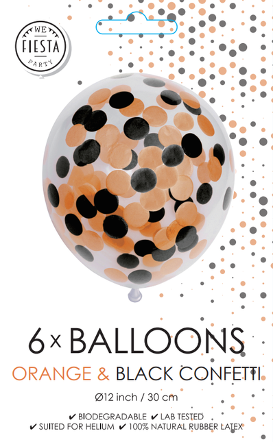 Balony konfetti pomarańczowo-czarne 30cm 6szt