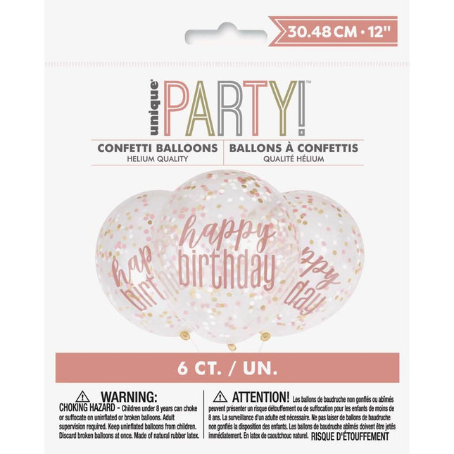 Balony z konfetti Happy Birthday Rose Gold 45cm 6szt