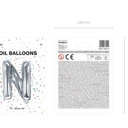Balon foliowy litera N srebrny pusty 35cm