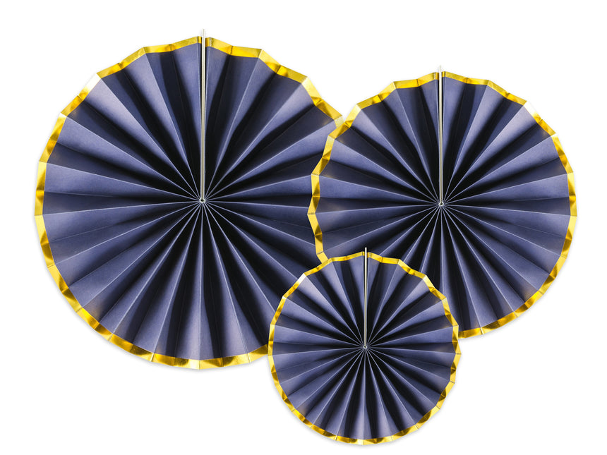 Zestaw wachlarzy papierowych granatowo-złoty 23-40 cm 3 szt.