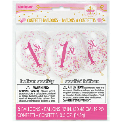 Balony z konfetti 1 rok różowe 30 cm 6 szt