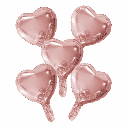 5 Balony foliowe serce z papierową słomką 9" różowe złoto