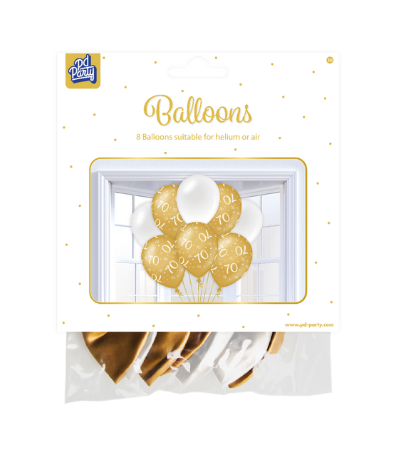 Balony na 70 lat złoto-białe 30 cm 8 szt.