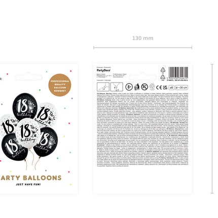 Balony 18 lat czarno-białe 30 cm 6 szt.