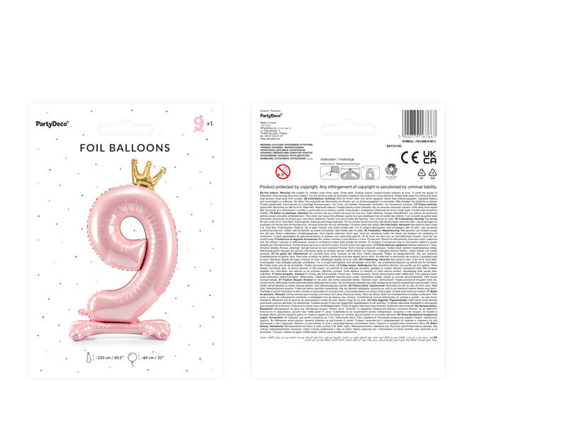 Balon foliowy cyfra 9 jasnoróżowy standardowy pusty 70 cm