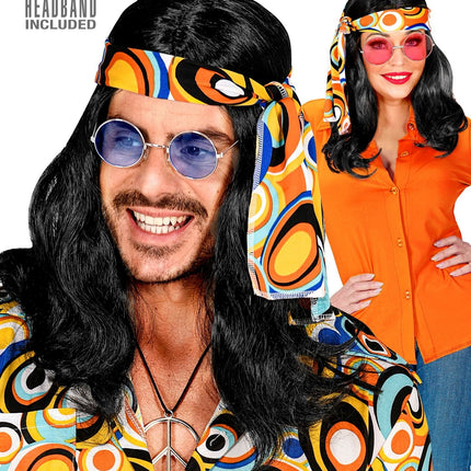 Czarna peruka Disco 70S z opaską na głowę