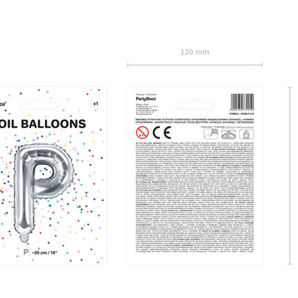 Balon foliowy litera P srebrny pusty 35 cm