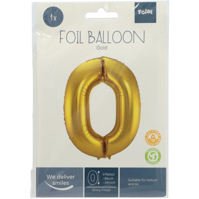 Folie Ballon Cijfer 0 Goud Metallic XL 86cm leeg van Folat koop je bij Partywinkel
