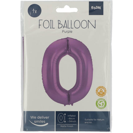 Folie Ballon Cijfer 0 Mat Paars XL 86cm leeg van Folat koop je bij Partywinkel