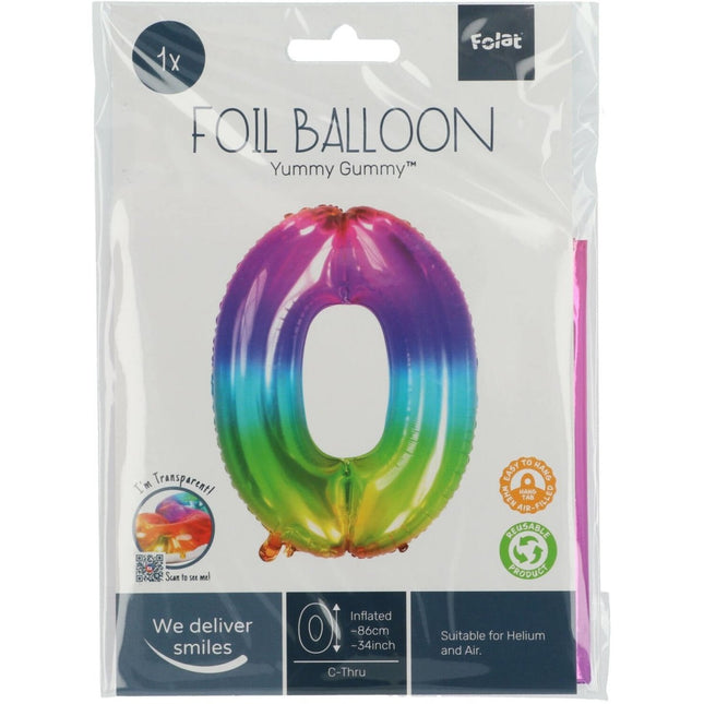 Folie Ballon Cijfer 0 Regenboog XL 81cm leeg van Folat koop je bij Partywinkel