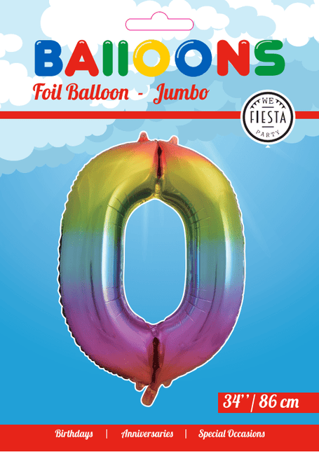 Folie Ballon Cijfer 0 Regenboog XL 86cm leeg van WeFiesta koop je bij Partywinkel