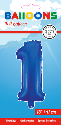 Folie Ballon Cijfer 1 Blauw 41cm met Rietje van WeFiesta koop je bij Partywinkel