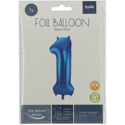 Folie Ballon Cijfer 1 Blauw Metallic XL 86cm leeg van Folat koop je bij Partywinkel