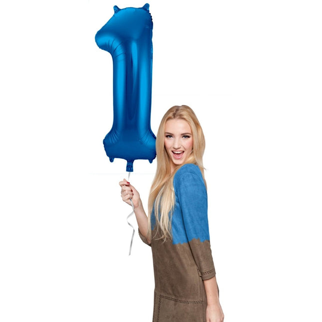 Folie Ballon Cijfer 1 Blauw Metallic XL 86cm leeg van Folat koop je bij Partywinkel