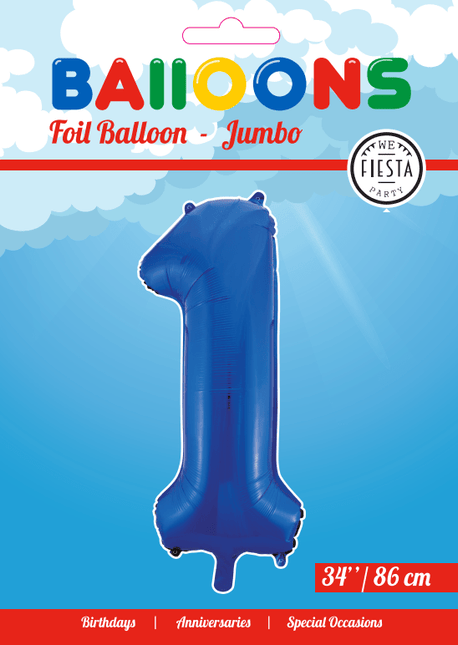 Folie Ballon Cijfer 1 Blauw XL 86cm leeg - Partywinkel - 5712735008255