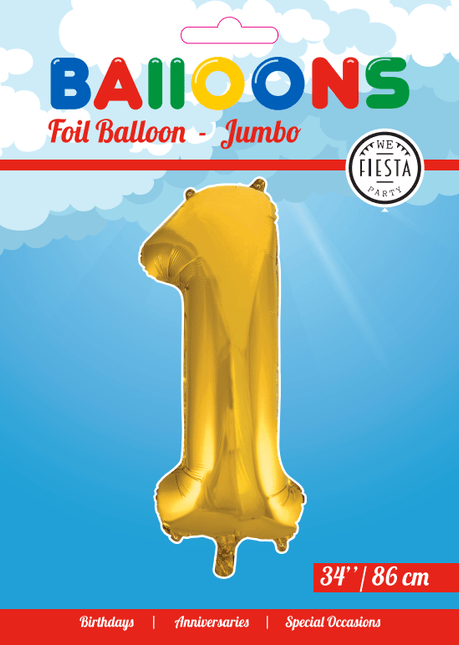 Folie Ballon Cijfer 1 Goud XL 86cm leeg - Partywinkel - 5712735006688