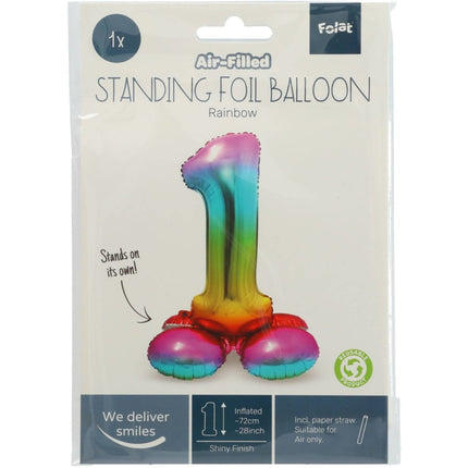Folie Ballon Cijfer 1 Regenboog met standaard 72cm van Folat koop je bij Partywinkel