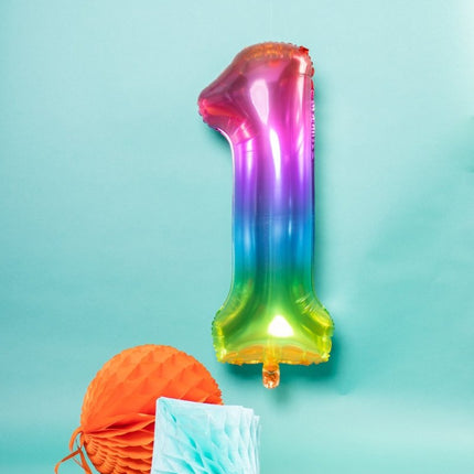Folie Ballon Cijfer 1 Regenboog XL 81cm leeg van Folat koop je bij Partywinkel