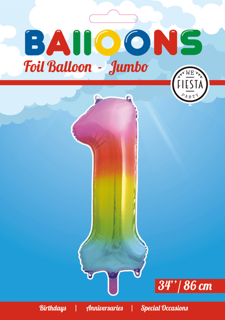 Folie Ballon Cijfer 1 Regenboog XL 86cm leeg van WeFiesta koop je bij Partywinkel