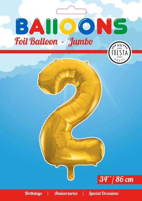 Folie Ballon Cijfer 2 Goud XL 86cm leeg - Partywinkel - 5712735006695