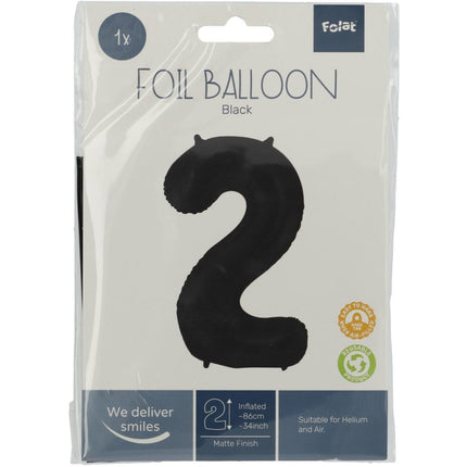 Folie Ballon Cijfer 2 Mat Zwart XL 86cm leeg van Folat koop je bij Partywinkel