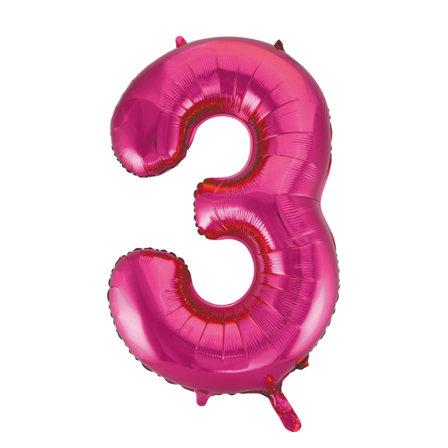 Folie Ballon Cijfer 3 Fuchsia XL 86cm leeg - Partywinkel - 5712735007098