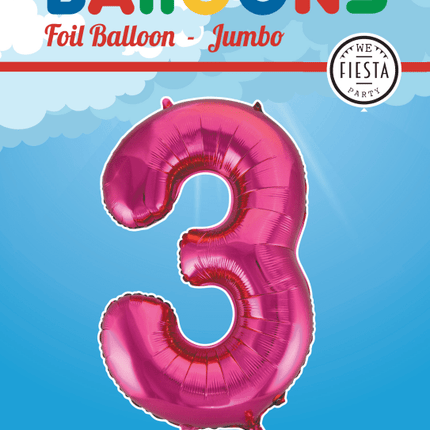 Folie Ballon Cijfer 3 Fuchsia XL 86cm leeg - Partywinkel - 5712735007098