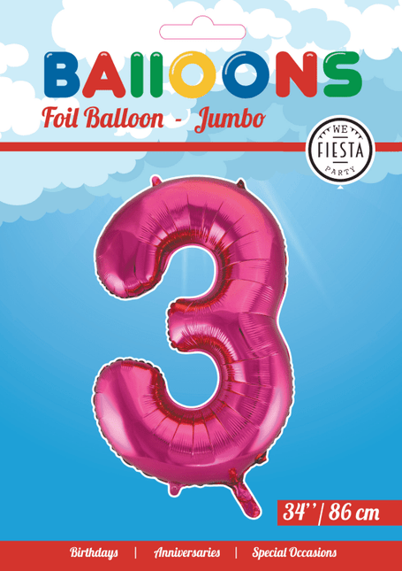 Folie Ballon Cijfer 3 Fuchsia XL 86cm leeg - Partywinkel - 5712735007098