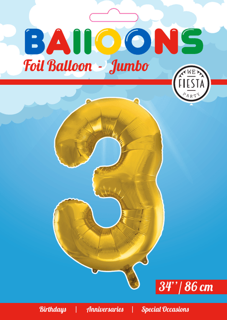 Folie Ballon Cijfer 3 Goud XL 86cm leeg - Partywinkel - 5712735006701