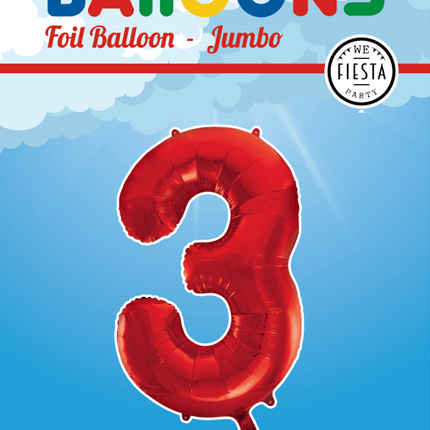 Folie Ballon Cijfer 3 Rood XL 86cm leeg van WeFiesta koop je bij Partywinkel