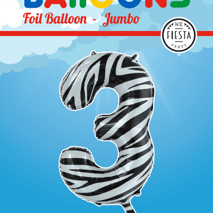 Folie Ballon Cijfer 3 Zebra XL 86cm leeg van WeFiesta koop je bij Partywinkel