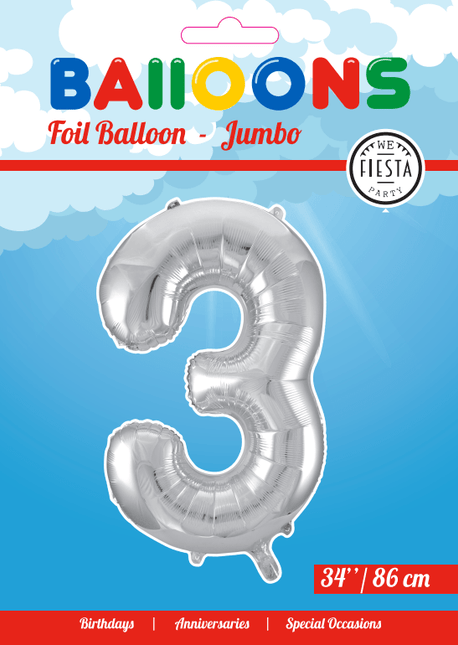 Folie Ballon Cijfer 3 Zilver XL 86cm leeg - Partywinkel - 5712735006602