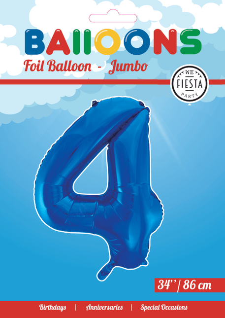 Folie Ballon Cijfer 4 Blauw XL 86cm leeg - Partywinkel - 5712735007197