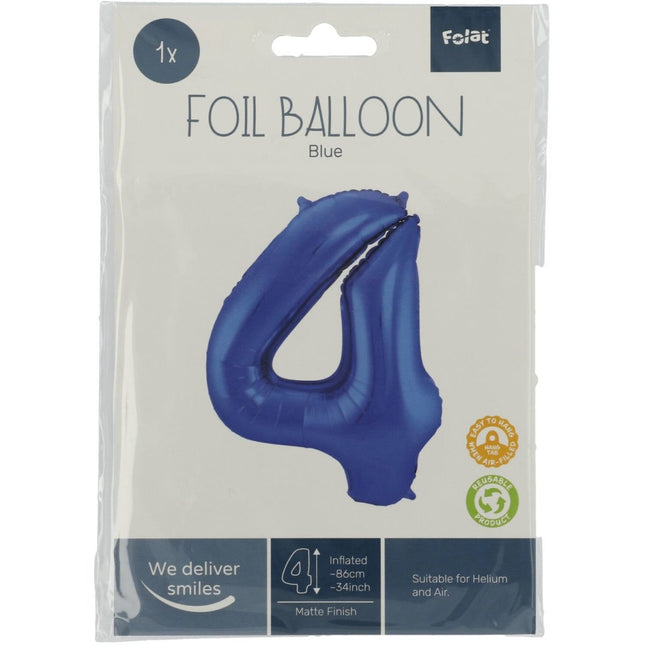Folie Ballon Cijfer 4 Mat Blauw XL 86cm leeg van Folat koop je bij Partywinkel
