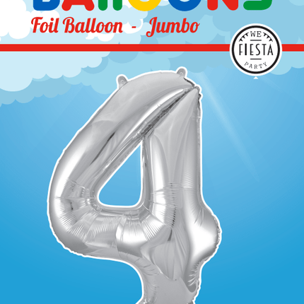 Folie Ballon Cijfer 4 Zilver XL 86cm leeg - Partywinkel - 5712735006619