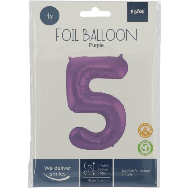 Folie Ballon Cijfer 5 Mat Paars XL 86cm leeg van Folat koop je bij Partywinkel