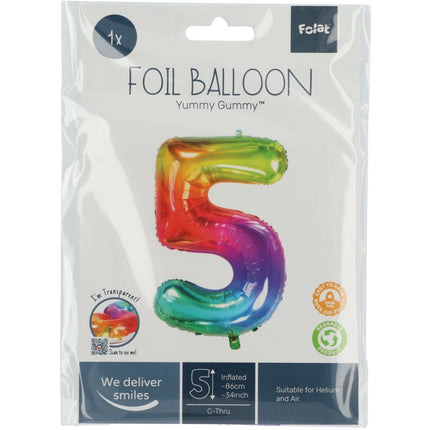 Folie Ballon Cijfer 5 Regenboog XL 81cm leeg van Folat koop je bij Partywinkel