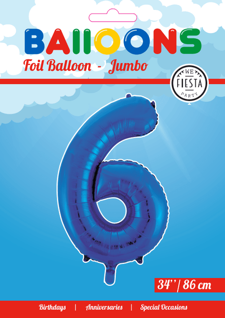 Folie Ballon Cijfer 6 Blauw XL 86cm leeg - Partywinkel - 5712735007210