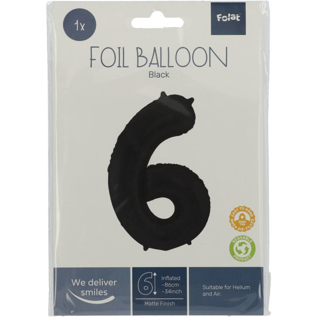 Folie Ballon Cijfer 6 Mat Zwart XL 86cm leeg van Folat koop je bij Partywinkel