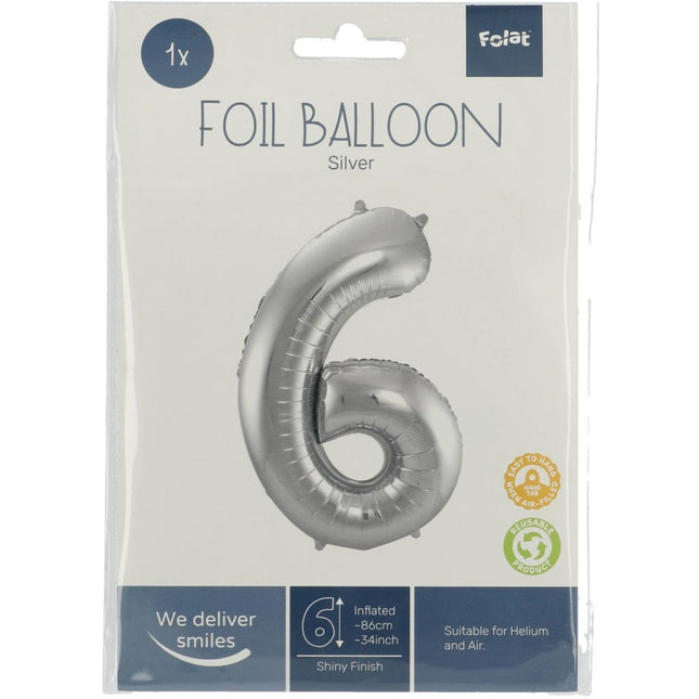 Folie Ballon Cijfer 6 Zilver Metallic XL 86cm leeg van Folat koop je bij Partywinkel