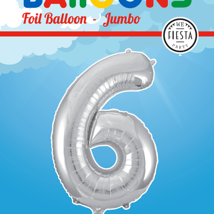 Folie Ballon Cijfer 6 Zilver XL 86cm leeg - Partywinkel - 5712735006633