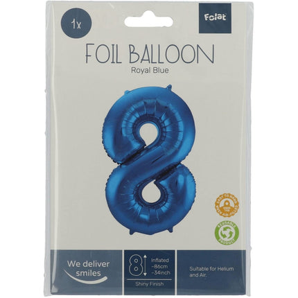 Folie Ballon Cijfer 8 Blauw Metallic XL 86cm leeg van Folat koop je bij Partywinkel